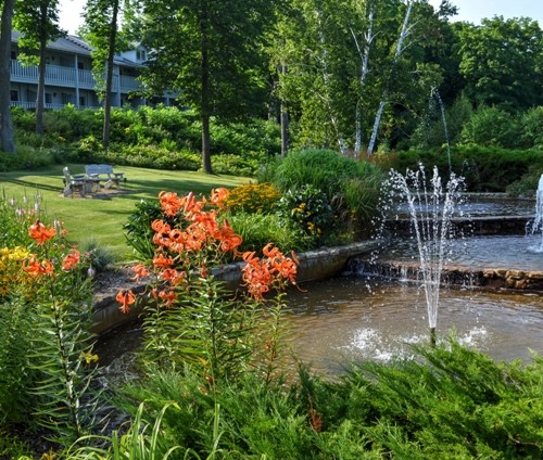View of the fountains and gardens at the Country House Resort in Door County, WI