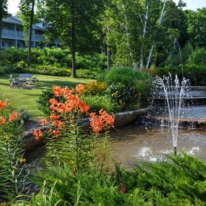 View of the fountains and gardens at the Country House Resort in Door County, WI