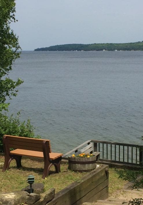 Deck overlooking the shoreline at the Country House Resort, Door County Wisconsin
